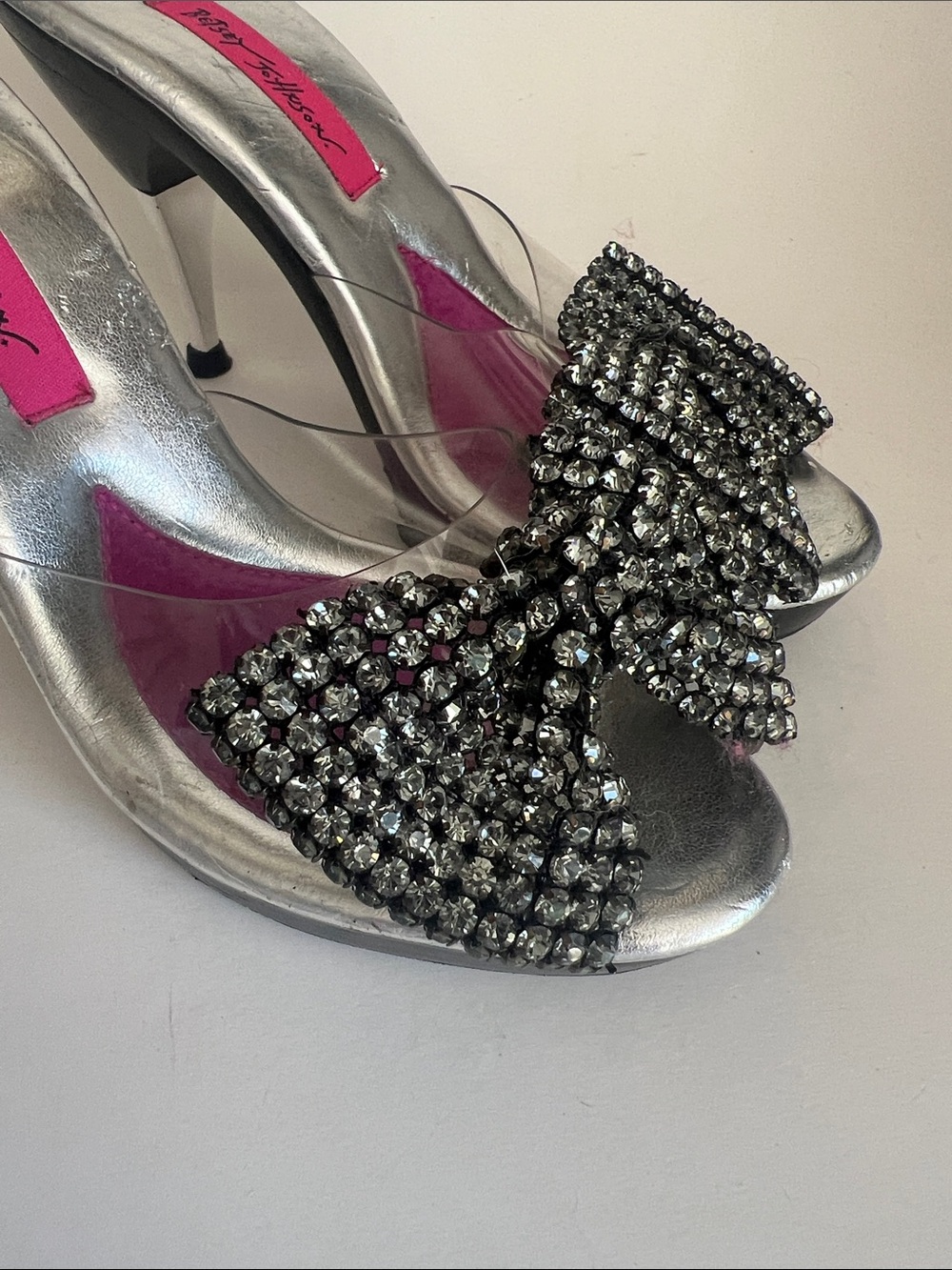 Betsey Johnson Silver Clear Slide Mules Heels with Crystal Rhinestone Bow Accent